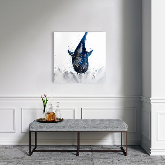 Toile bleue représentant un requin et une baleine | Décoration murale aquatique