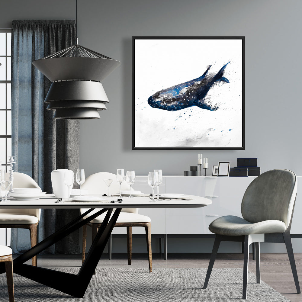 Toile abstraite représentant un requin-baleine | Décoration marine pour salle de bain bleue