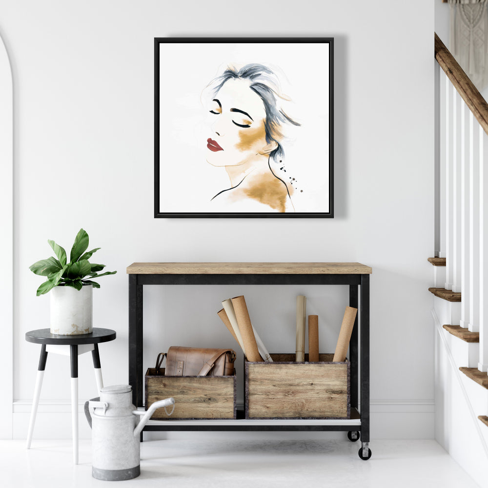 Portrait de femme serein à l'aquarelle sur toile | Décoration d'intérieur figurative