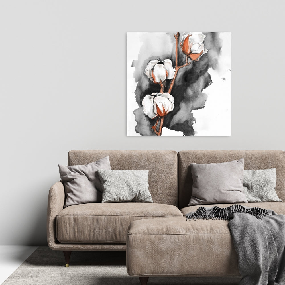 White Office Botanical Canvas | Cotton Flowers Black Background
