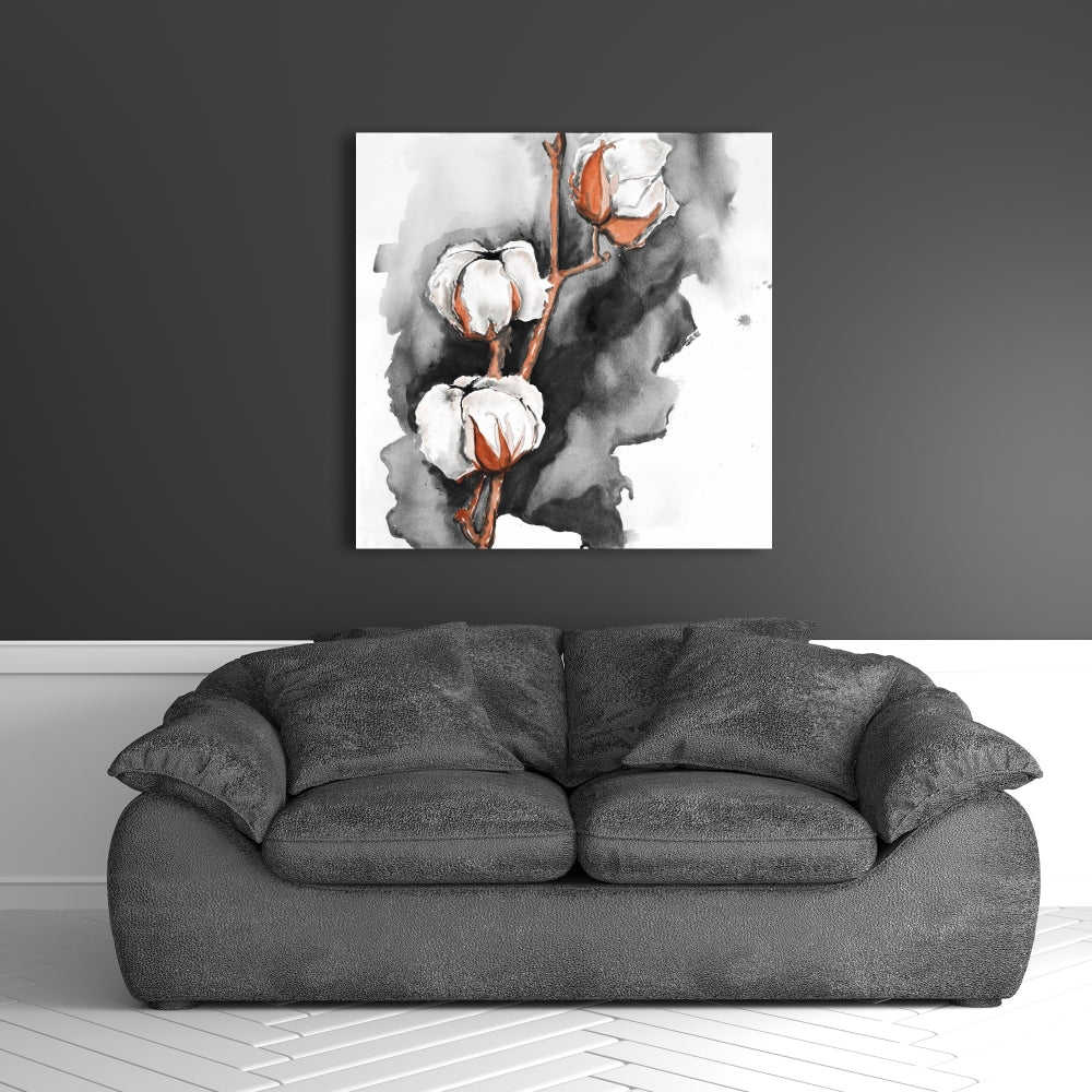 White Office Botanical Canvas | Cotton Flowers Black Background