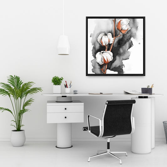 Toile noire à fleurs de coton | Décor botanique floral blanc