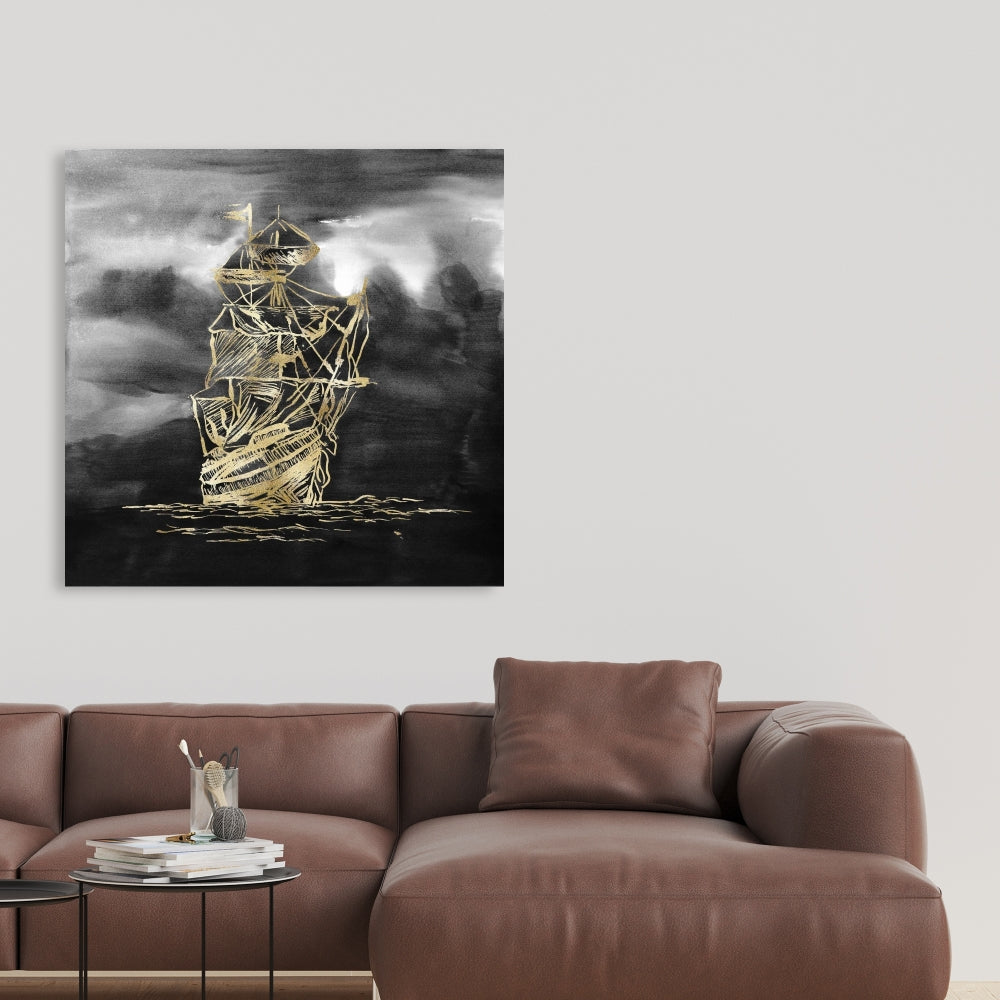 Toile dorée « Petit bateau à voile » | Décoration murale noire pour salle de bain