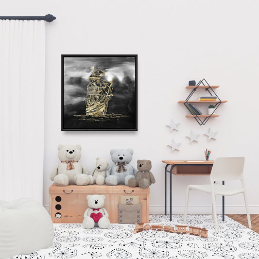 Sailing Little Ship Gold Canvas | Black Boat Framed Art Decor