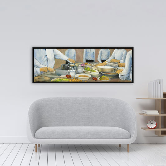 Toile encadrée « Chefs cuisiniers au travail » | Décoration de cuisine contemporaine