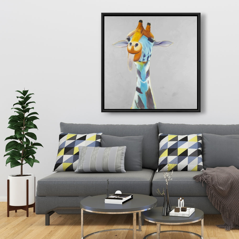 Toile encadrée bleue représentant une girafe amusante – Décoration d'intérieur à thème animalier africain