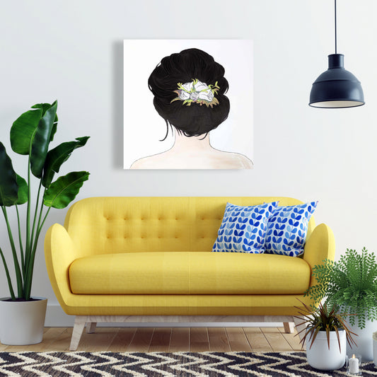 Toile marron romantique – Décoration murale représentant une femme aux cheveux fleuris