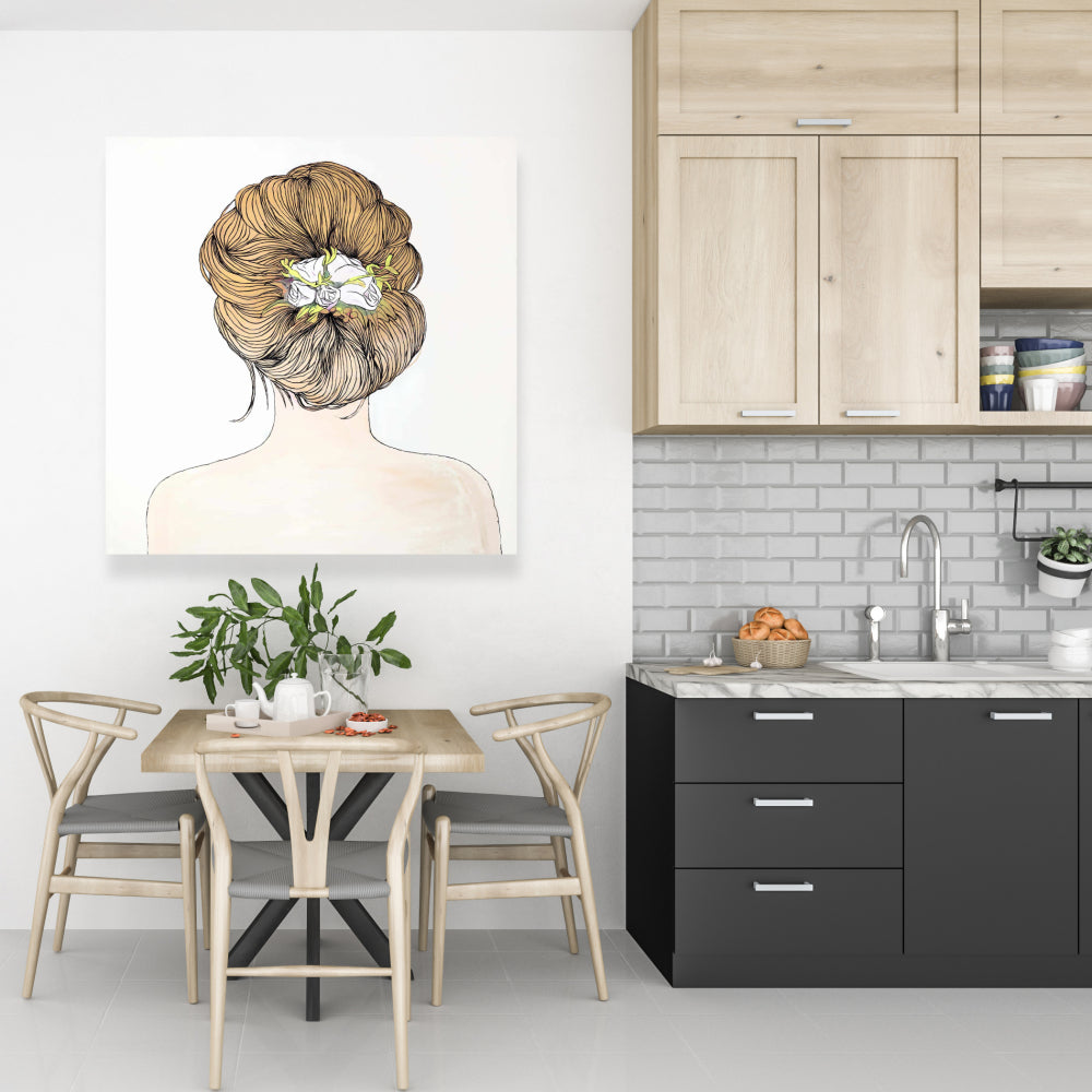 Toile beige « Dame aux fleurs » – Décoration d'intérieur