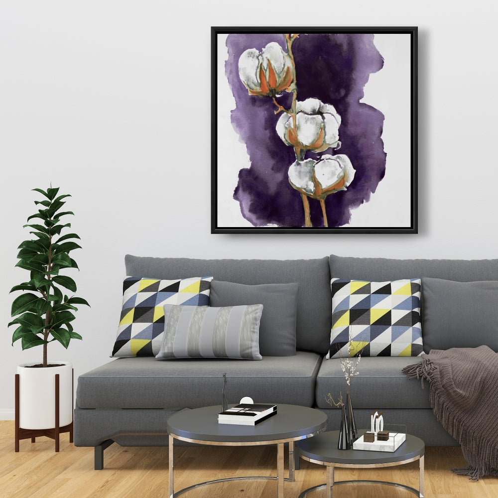 White Flowers Framed Canvas | Watercolor Purple Cotton Decor
