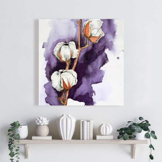 White Floral Canvas | Cotton Flowers on Purple | Home Decor