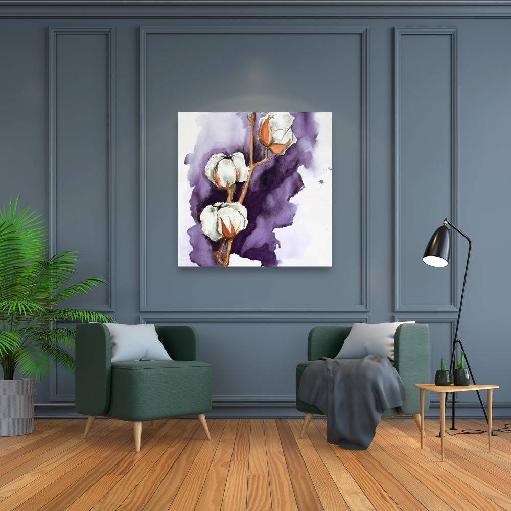 White Floral Canvas | Cotton Flowers on Purple | Home Decor