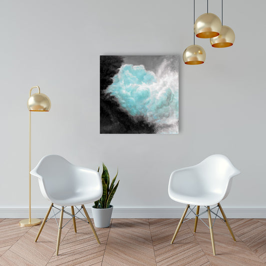 Paysage de montagnes et nuages turquoise sur toile bleue - Décoration d'intérieur