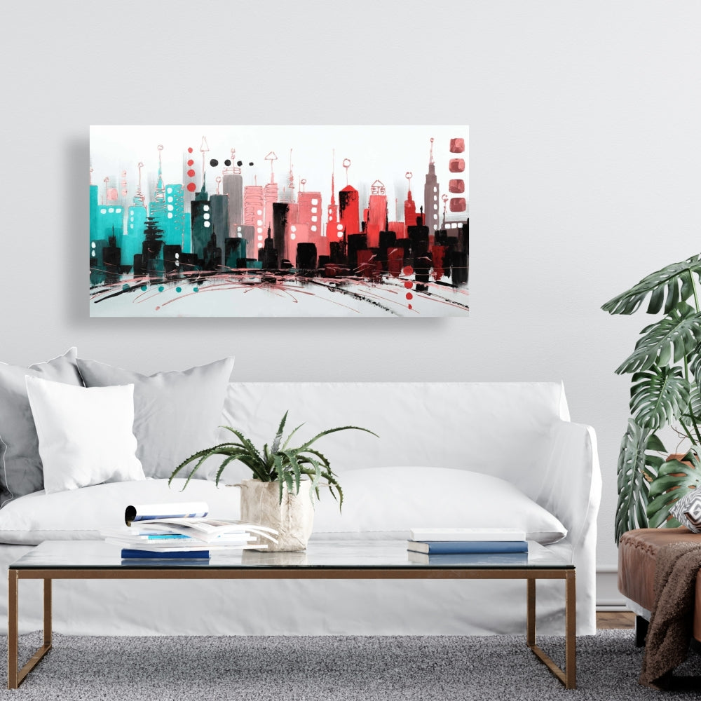 Pink Shapes Cityscape Canvas | Rose Gold Bedroom Wall Art