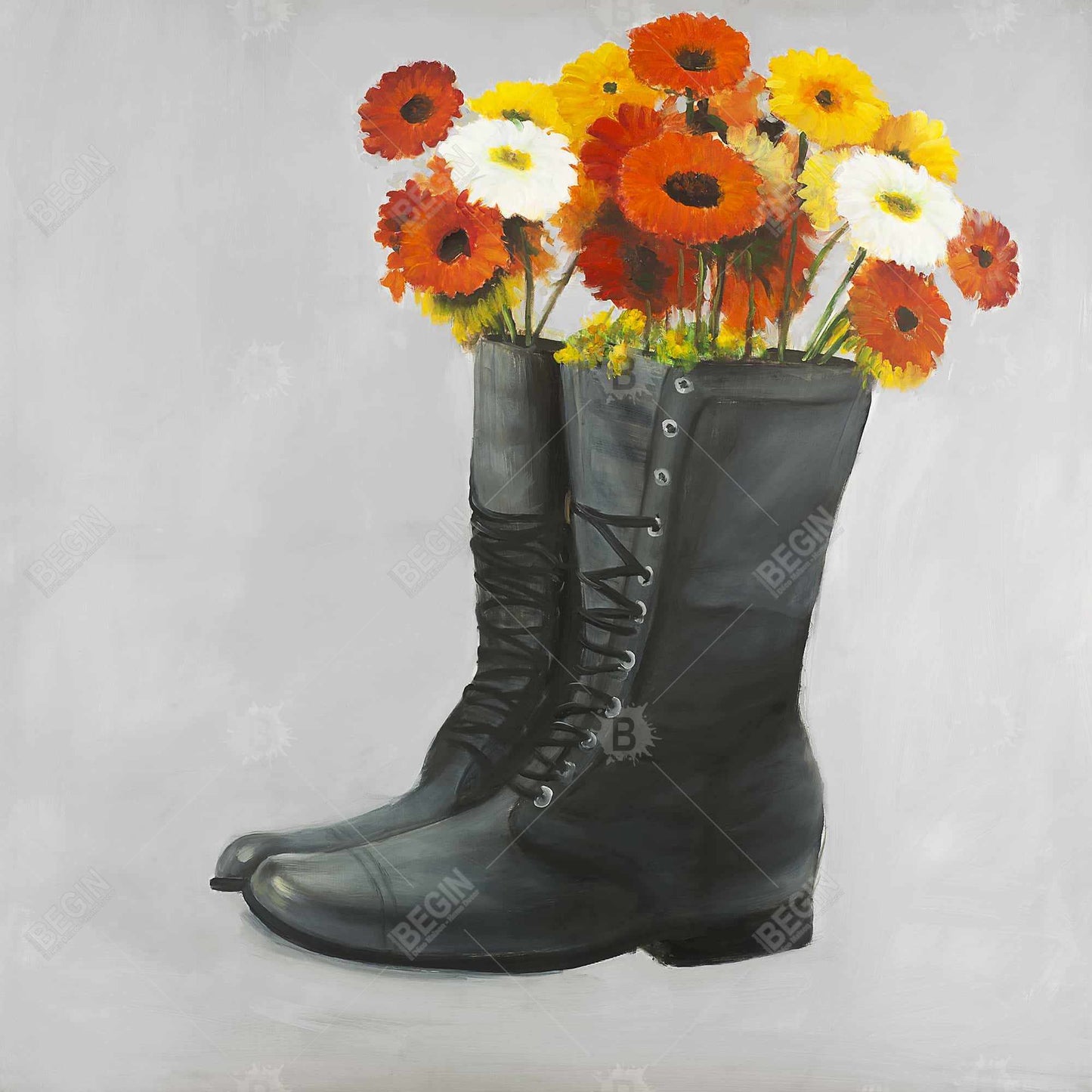 Toile de chambre à coucher « Gray Shoes » – Décoration murale « Bottes fleuries »