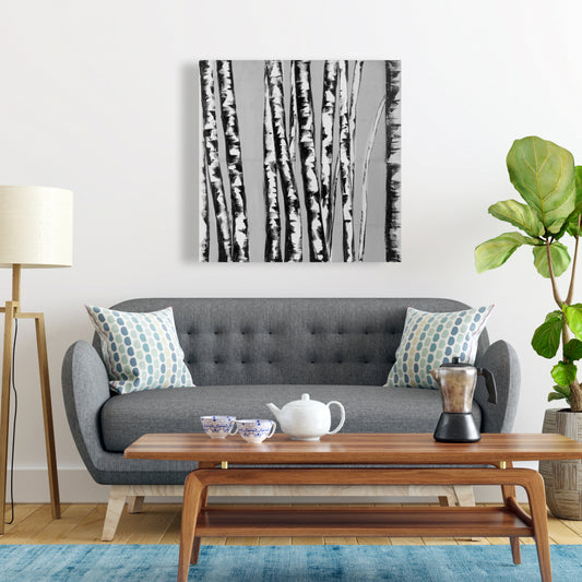 Toile « Bouleaux entrecroisés » – Décoration paysagère contemporaine