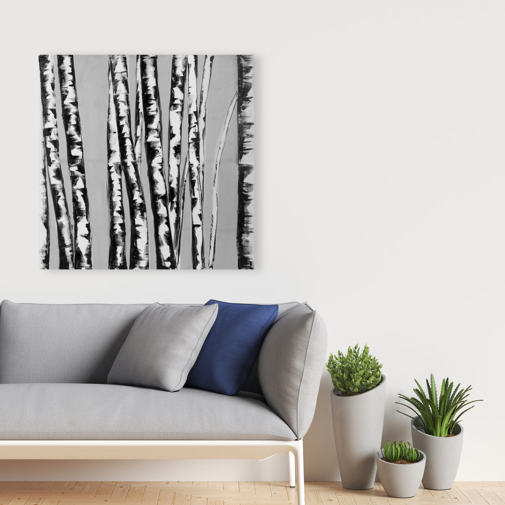Toile « Bouleaux entrecroisés » – Décoration paysagère contemporaine