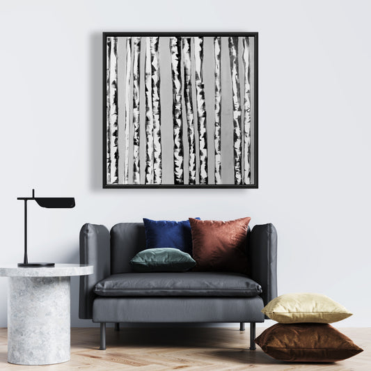 Toile bouleaux noir et blanc | Décoration d'arbre contemporaine