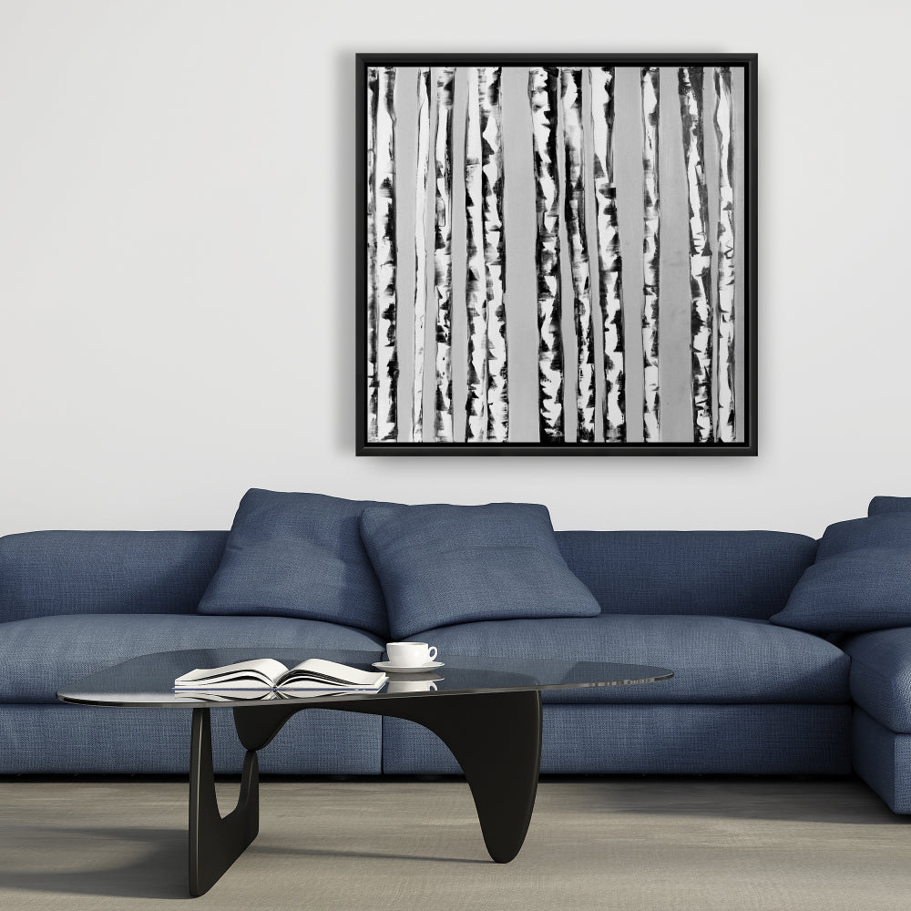 Toile bouleaux noir et blanc | Décoration d'arbre contemporaine