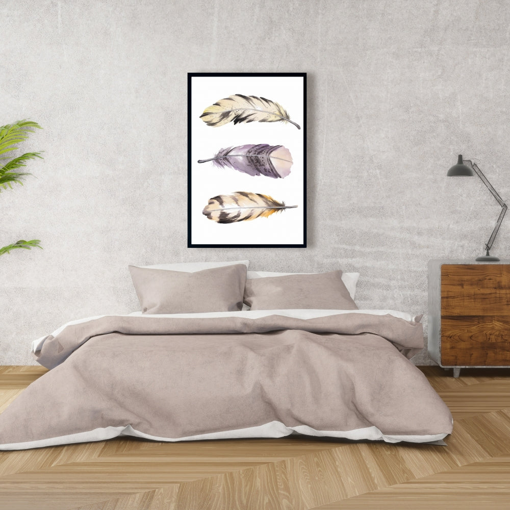 Toile bohème à plumes violettes | Décoration d'intérieur à rayures horizontales