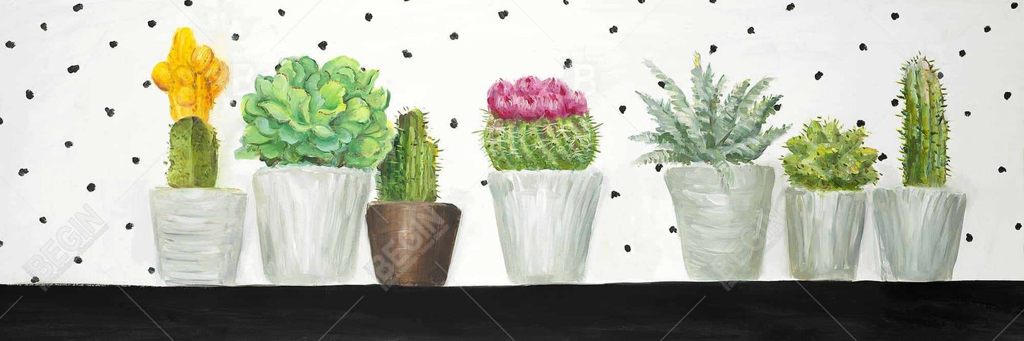 Toile Mini Cactus et Succulentes | Décor botanique blanc
