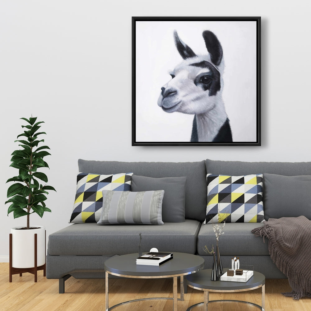 Toile de chambre blanche rustique - Décoration d'intérieur Lama noir et blanc