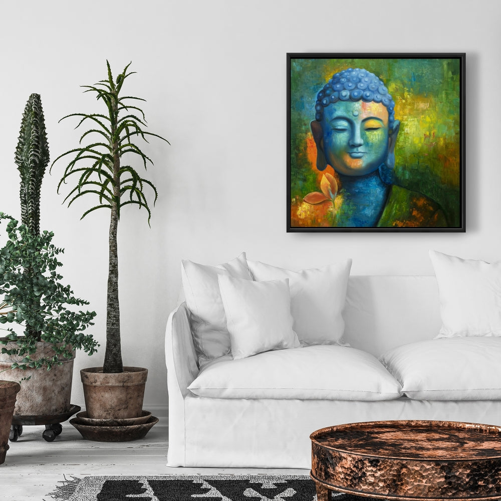 Toile encadrée Bouddha bienheureux | Décoration intérieure spirituelle asiatique bleue