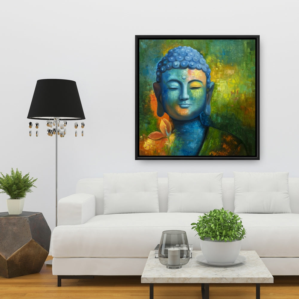 Toile encadrée Bouddha bienheureux | Décoration intérieure spirituelle asiatique bleue