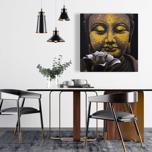 Toile spirituelle marron pour salon – Décor du sourire éternel de Bouddha