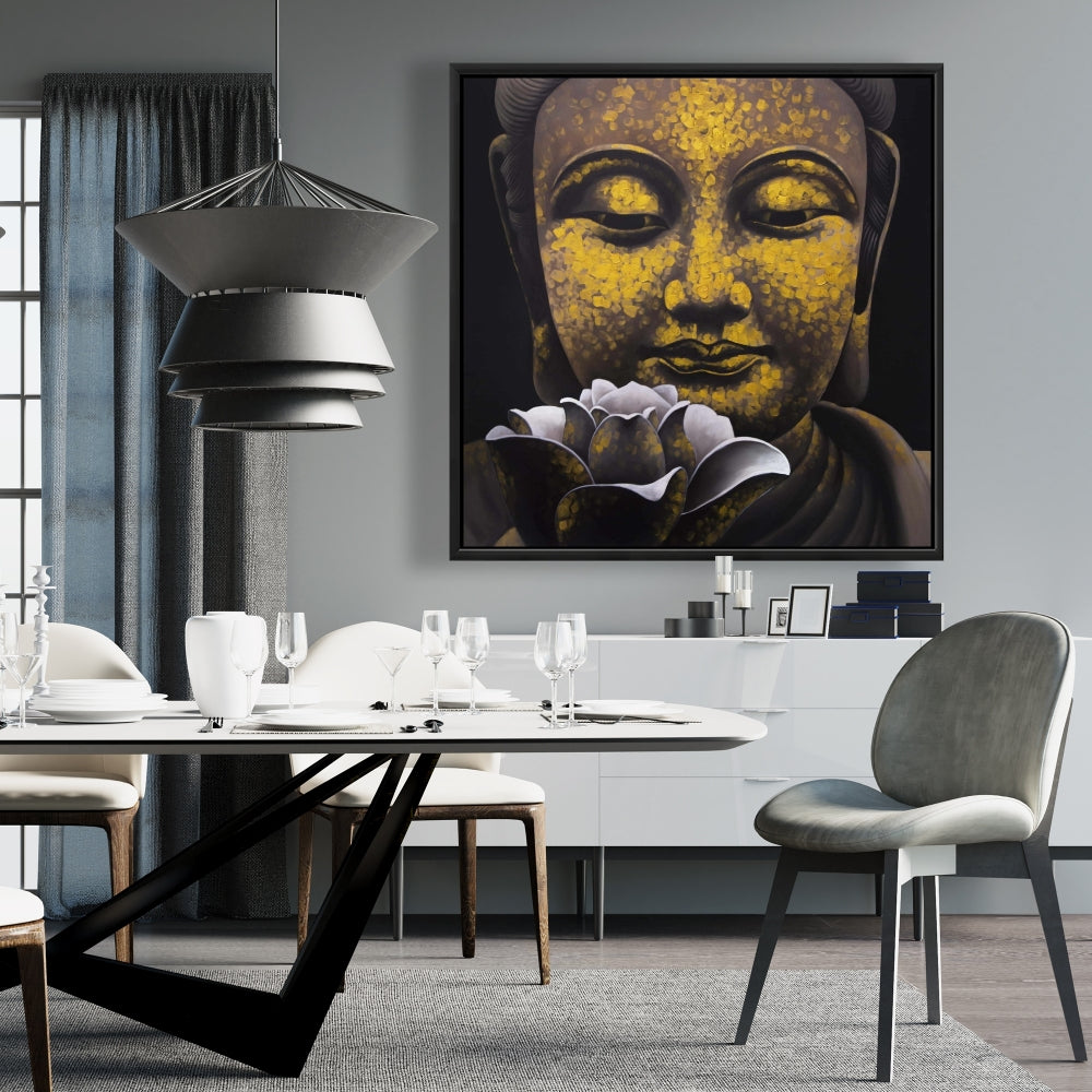 Toile encadrée représentant Bouddha et Lotus – Décoration intérieure spirituelle