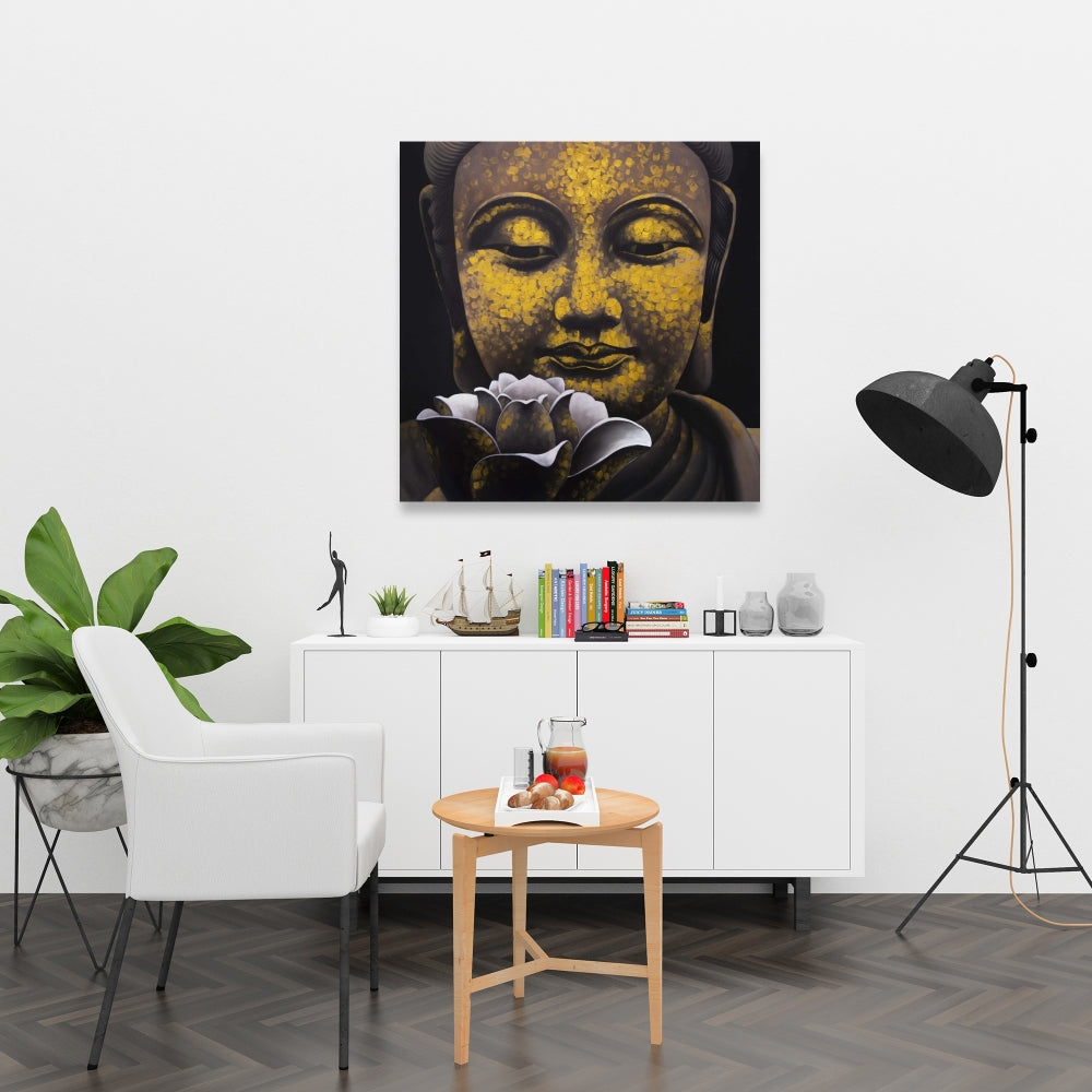 Toile spirituelle marron pour salon – Décor du sourire éternel de Bouddha