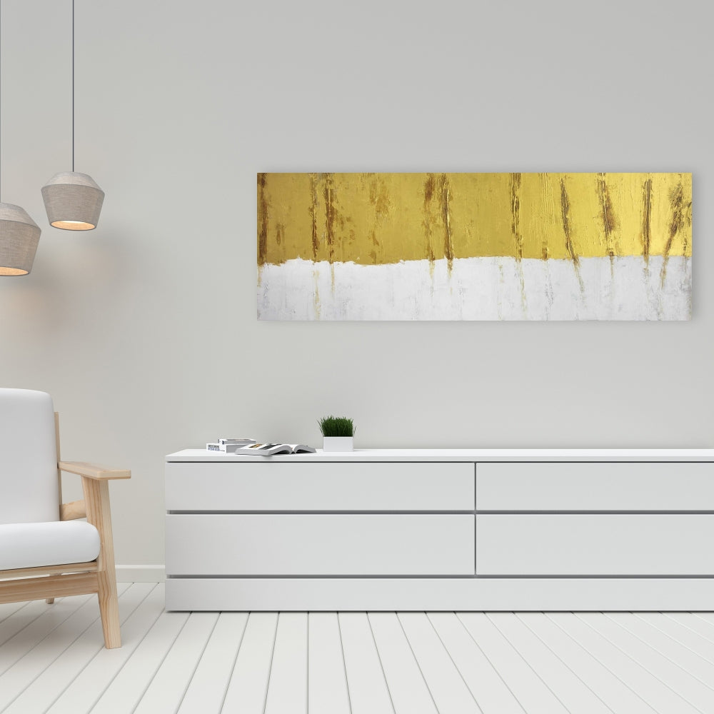 Toile abstraite à motifs blancs – Décoration d'intérieur à rayures dorées