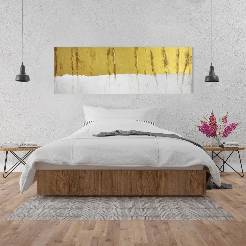 Toile abstraite à motifs blancs – Décoration d'intérieur à rayures dorées