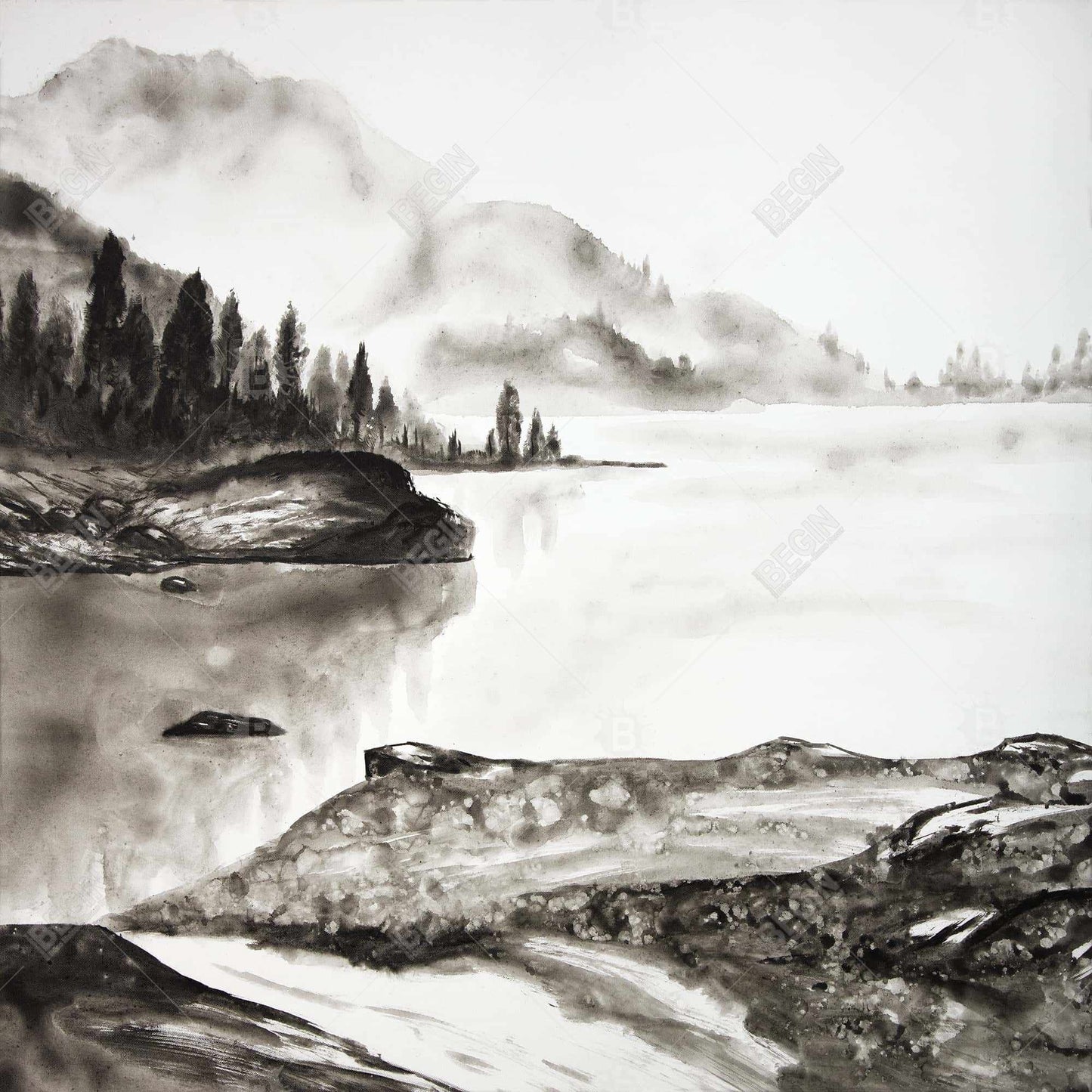 Peaceful Landscape White Canvas | Living Room Decor Artwork