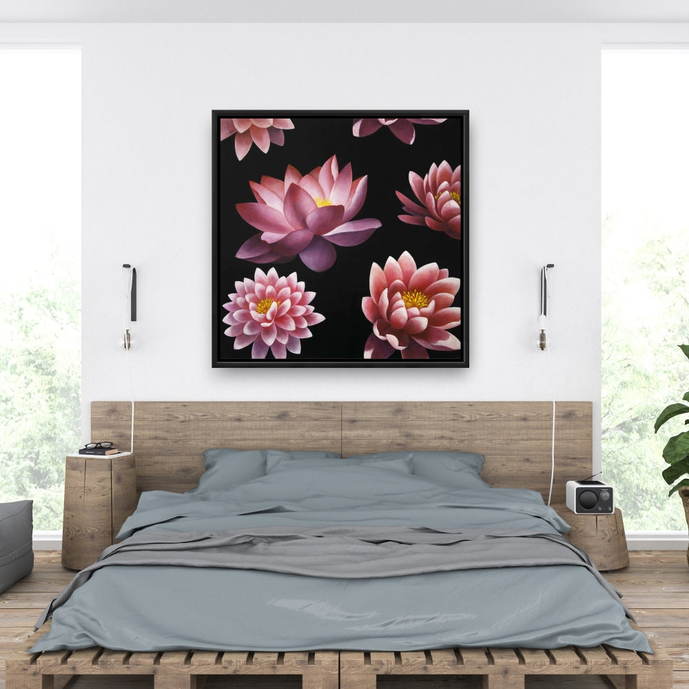 Lotus Flower Pattern Black Botanical Asian Framed Canvas Decor