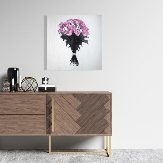Bouquet de roses sur toile – Décoration murale de chambre à coucher avec feuilles noires