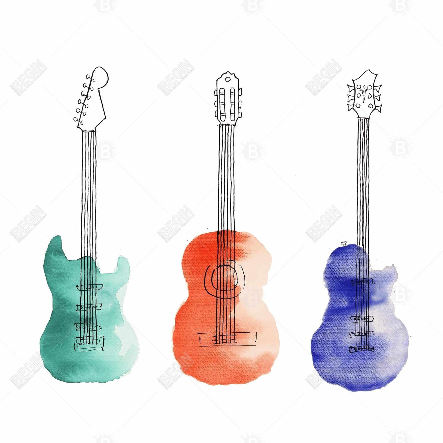 Blue Livingroom Canvas - Three Guitars Musical Home Decor