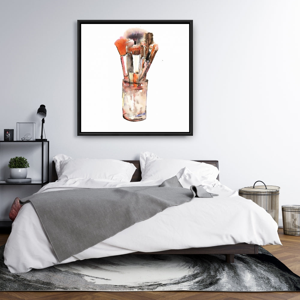 Ensemble de pinceaux de maquillage sur toile encadrée marron | Décoration d'intérieur