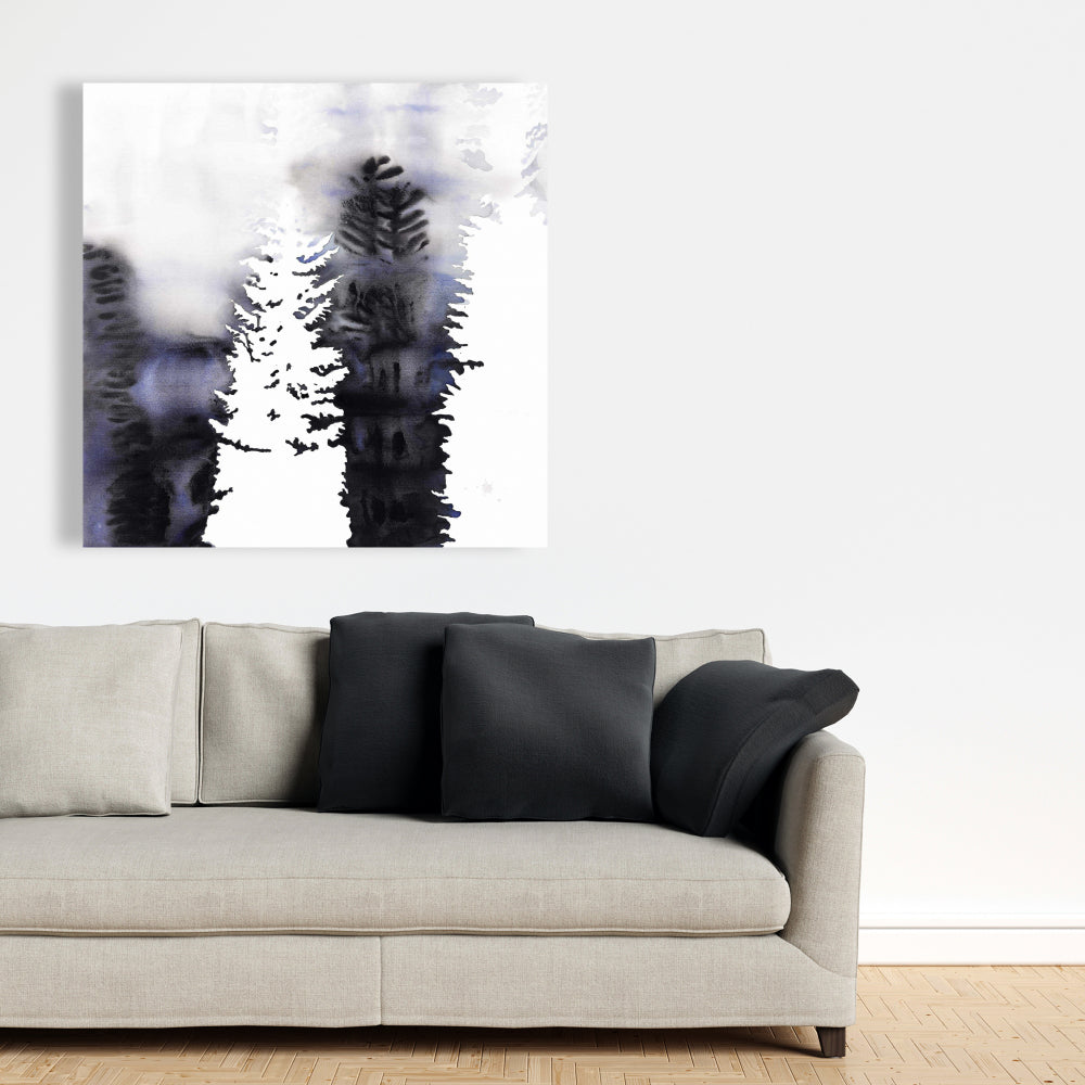 Toile de chambre bleue – Silhouettes d'arbres, décoration murale