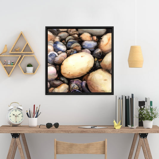 Beach Pebbles Bathroom Canvas - Blue Shapes Framed Wall Art