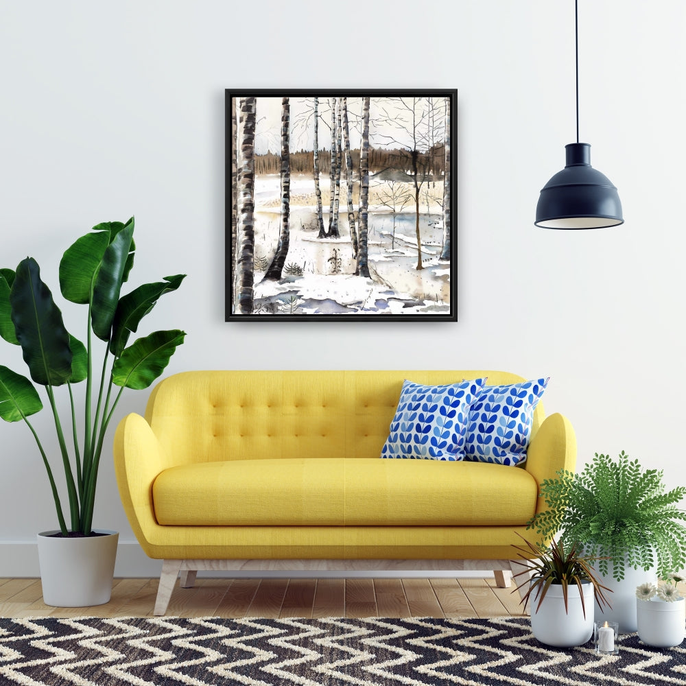 Toile rustique bleue « Marais d'hiver » | Décoration murale encadrée avec arbres