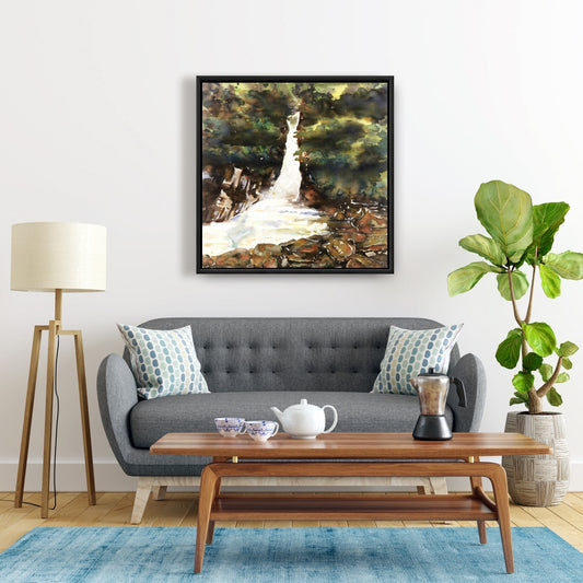 Watercolor Waterfalls Framed Canvas | Bedroom Trees Decor