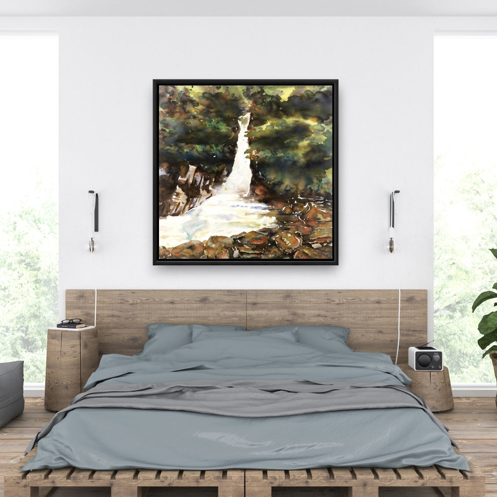 Watercolor Waterfalls Framed Canvas | Bedroom Trees Decor