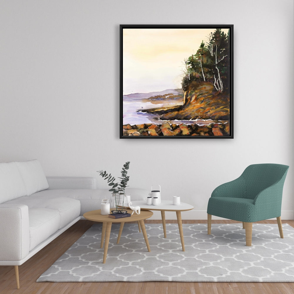 Toile encadrée verte représentant un lac paisible et des arbres | Décoration d'intérieur