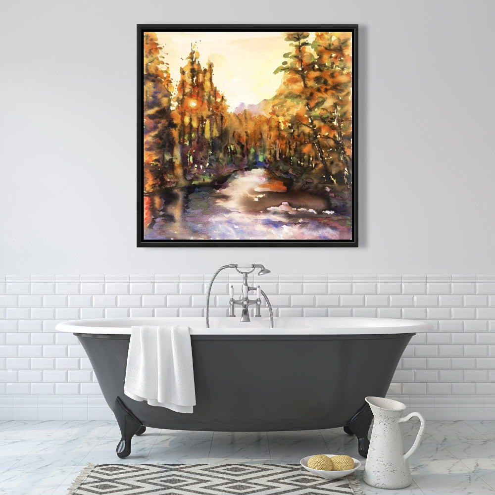 Toile encadrée Merced River | Décoration de chambre à coucher avec arbres jaunes