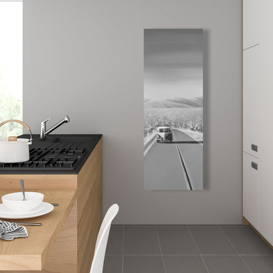 Toile « Voiture sur la route » – Décoration de chambre à coucher avec montagnes | Art blanc