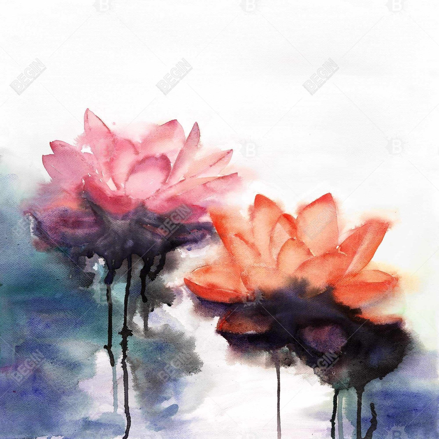 Watercolor Lotus Flowers Canvas | Blue Botanical Bedroom Decor