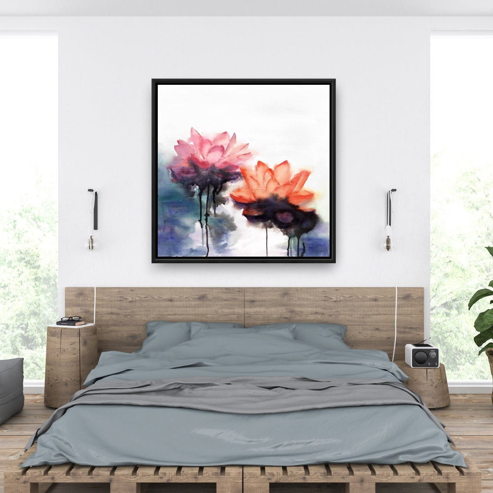 Toile encadrée « Fleurs de lotus aquarelles » | Décoration botanique pour chambre