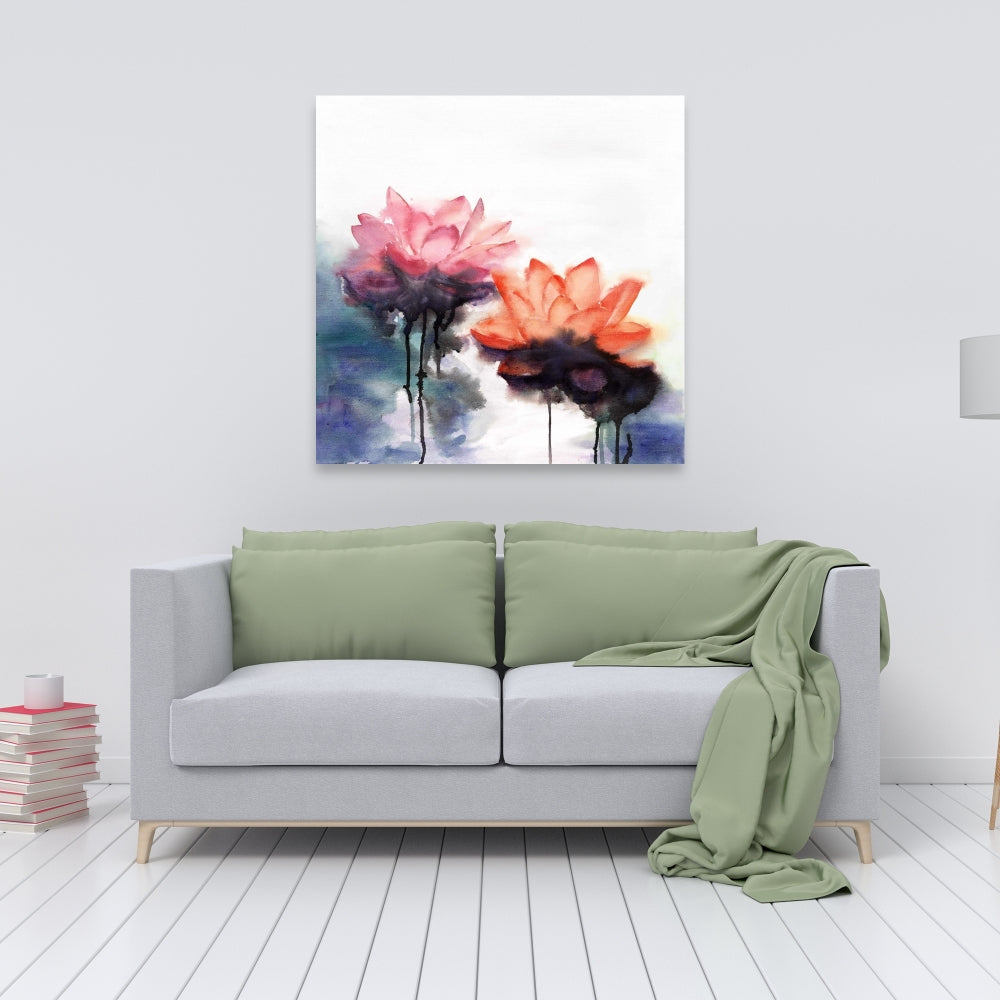 Watercolor Lotus Flowers Canvas | Blue Botanical Bedroom Decor