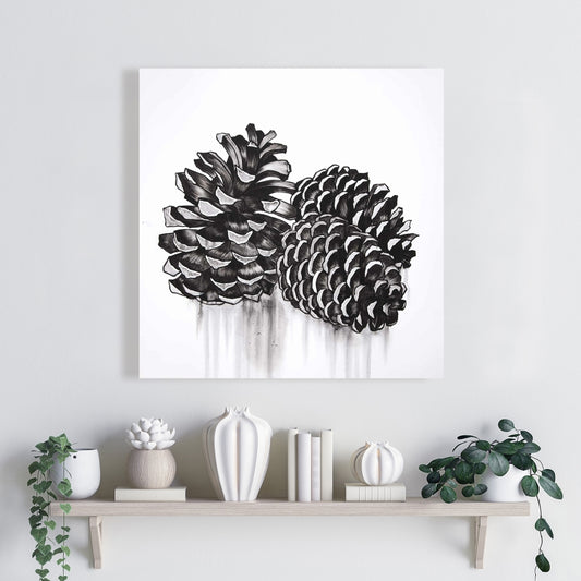 Nature morte rustique sur toile – Trois pommes de pin | Décoration de chambre