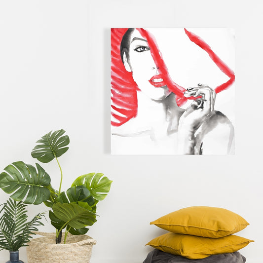 White Illustrative Canvas - Woman with Big Hat | Home Decor